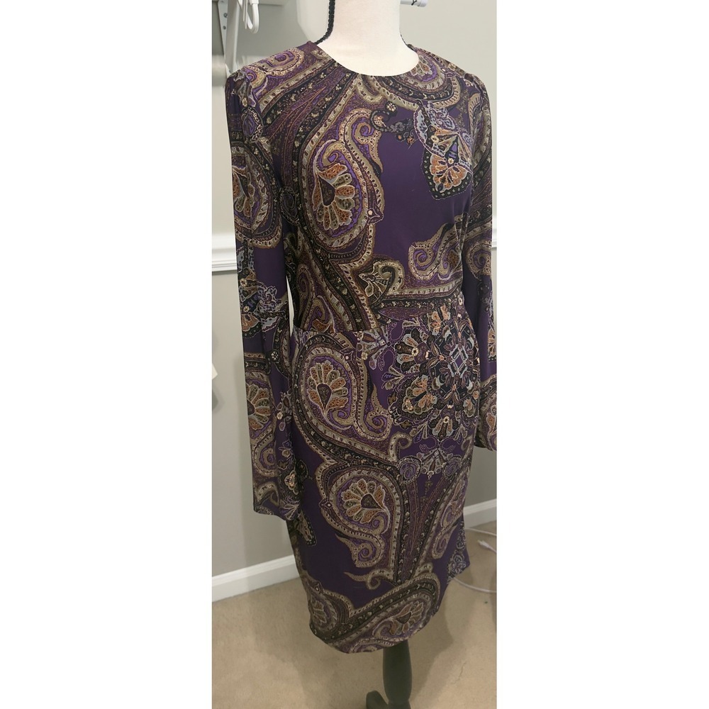 Lauren Ralph Lauren Purple Paisley Long Sleeve  Drape Sheath Dress Womens 8 326 - Picture 3 of 6